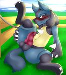  anthro balls barefoot bdsm blush bondage bound butt camychan canine claws collar erection fur jackal knot leash looking_at_viewer lucario mammal navel nintendo nude penis petplay pok&eacute;mon raised_leg roleplay sharp_claws sitting smile spikes toe_claws video_games 