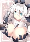  1girl ahoge aqua_eyes breasts character_name cleavage collar elphelt_valentine gloves guilty_gear guilty_gear_xrd guilty_gear_xrd:_revelator gun huge_breasts jijii48 short_hair silver_hair simple_background smile solo spikes weapon 
