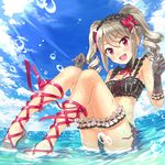 bikini black_bikini black_gloves blush breasts buntan commentary_request drill_hair frilled_bikini frills gloves hair_ribbon hairband highres idolmaster idolmaster_cinderella_girls kanzaki_ranko long_hair looking_at_viewer open_mouth red_eyes ribbon sandals silver_hair sitting small_breasts smile solo swimsuit thigh_strap twin_drills twintails water wet 
