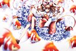  air_bubble animal bow brown_hair bubble cravat detached_sleeves fish frilled_skirt frills hair_bow hair_tubes hakurei_reimu ling_(vivianling) long_hair long_sleeves looking_at_viewer petticoat red_skirt ribbon scales simple_background skirt submerged touhou underwater vest water white_background 