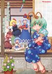  :d alternate_costume antennae barefoot blonde_hair blouse blue_eyes blue_hair bow brown_hair check_translation cirno dress fan fangs flower food fruit green_eyes hair_bow hair_ribbon indian_style japanese_clothes kamishirasawa_keine kayari_buta kimono long_hair matty_(zuwzi) morning_glory multiple_girls mystia_lorelei open_mouth paper_fan plant potted_plant red_eyes ribbon rumia sandals short_hair sitting skirt smile team_9 touhou translation_request uchiwa vest watermelon wind_chime wings wriggle_nightbug yukata 