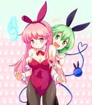  :d ajia_(otya3039) animal_ears breasts bunny_ears bunnysuit cleavage eyeball green_eyes green_hair hata_no_kokoro heart heart_of_string komeiji_koishi long_hair medium_breasts multiple_girls open_mouth pantyhose pink_eyes pink_hair short_hair smile third_eye touhou 