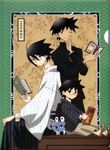  bird black_eyes black_hair book finger_on_nose gakuran geta glasses hashire_melos highres itoshiki_majiru itoshiki_nozomu japanese_clothes kimono kudou_jun leaning_on_person looking_at_viewer male_focus multiple_boys official_art one_eye_closed penguin penguin_chick sayonara_zetsubou_sensei school_uniform shosei sitting smile 