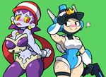 blue_skin blush breasts cleavage cuffs handcuffs leotard lips mighty_switch_force! multiple_girls narrow_waist navel patricia_wagon purple_hair red_eyes risky_boots shantae simple_background thick_thighs wayforward wide_hips yellow_sclera 