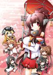  ahoge bare_shoulders bismarck_(kantai_collection) black_hair blonde_hair blue_eyes breast_hold breasts brown_hair chibi detached_sleeves fusou_(kantai_collection) hair_intakes hair_ornament hair_ribbon hairband hat ise_(kantai_collection) kantai_collection kongou_(kantai_collection) large_breasts long_hair multiple_girls nagato_(kantai_collection) nontraditional_miko open_mouth oriental_umbrella outstretched_arm ponytail red_eyes red_umbrella ribbon sidelocks skirt smile souma_mizuki star umbrella wide_sleeves yamato_(kantai_collection) 