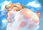  1girl areolae ass blonde_hair blue_eyes blush breasts curvy erect_nipples gyaru-ko huge_ass huge_breasts long_hair looking_back nipples nuezou oshiete!_gyaru-ko-chan plump see-through shiny_skin skin_tight smile solo sweat tan thick wet wide_hips 