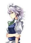  apron breasts commentary_request deetamu eyebrows_visible_through_hair from_side green_neckwear green_ribbon grey_eyes highres holding_arm izayoi_sakuya maid maid_headdress medium_breasts neck_ribbon open_mouth profile puffy_short_sleeves puffy_sleeves ribbon short_hair short_sleeves silver_hair simple_background solo touhou upper_body waist_apron white_apron white_background 