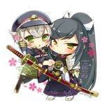  armor black_hair cape carrying chibi green_eyes hat hotarumaru japanese_armor japanese_clothes lowres male_focus multiple_boys ootachi ponytail salute shorts shoulder_armor silver_hair sode sword tarou_tachi touken_ranbu weapon yellow_eyes yousagi 