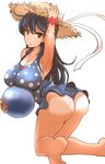  arm_up armpits ass ball beachball black_hair breasts brown_eyes cleavage dearmybrothers full_body hat highres huge_breasts kantai_collection kneeling long_hair looking_at_viewer one-piece_swimsuit simple_background smile solo sun_hat swimsuit ushio_(kantai_collection) white_background 