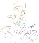  2017 anthro bed bucket canid canine clothed clothing disney ear_markings english_text facial_markings female fox fur_markings holding_object jack_savage lagomorph lying male mammal markings on_back on_bed pillow rabbit simple_background skye_(zootopia) sleeping sound_effects text tggeko under_covers water white_background zootopia zzz 