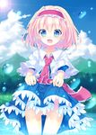  alice_margatroid blonde_hair blue_dress blue_eyes blue_sky blush bubble capelet cloud day dress dress_lift hairband necktie no_panties open_mouth puffy_sleeves ribbon sash short_hair short_sleeves sky smile solo sunlight touhou wading water white_capelet yaki_mayu 