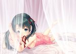  adjusting_hair bare_arms barefoot bed blush breasts curtains green_eyes green_hair kantai_collection lingerie long_hair looking_at_viewer lying medium_breasts mikuma_(kantai_collection) mouth_hold negligee nipples on_stomach ribbon solo twintails underwear youqiniang 