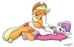  2015 almar applejack_(mlp) blonde_hair blush cutie_mark drink duo equine eyes_closed female feral freckles friendship_is_magic fur green_eyes hair half-closed_eyes hat hoof_fetish horn horse juice_box licking long_hair lying mammal multicolored_hair my_little_pony on_back orange_fur pillow pony saliva simple_background sweetie_belle_(mlp) tongue tongue_out two_tone_hair unicorn white_background white_fur young 