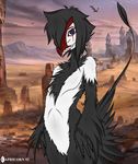  2013 anthro avian beak black_feathers black_fur black_hair building capricorn92 claws english_text feathers female flat_chested fur hair lilith looking_at_viewer nevrean nude open_mouth outside purple_eyes raised_tail scar sharp_teeth smile solo teeth text white_feathers white_fur 