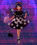  blob blue_eyes blue_hair book boots capelet dated doremy_sweet dream_soul dress full_body full_moon grin hat highres itirirenn looking_at_viewer moon nightcap short_hair signature smile solo tail tapir_tail touhou 