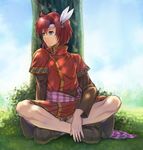  against_tree bad_id bad_pixiv_id blue_eyes brown_footwear cheine feathers fire_emblem fire_emblem:_monshou_no_nazo goma_(goma-folio) hair_feathers hair_ornament indian_style leaf long_sleeves looking_away male_focus mamkute no_socks outdoors red_hair shoes shorts sitting solo tree 