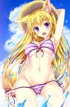  :d animal_ears arm_up bikini blonde_hair breasts day fang fox_ears fox_tail front-tie_top groin hand_on_headwear hat large_breasts long_hair navel open_mouth original side-tie_bikini smile solo straw_hat string_bikini striped striped_bikini swimsuit tail tateha_(marvelous_grace) underboob water 