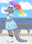  2015 alligator anthro beach boots bow clothed clothing cloud dress female footwear godheadharley green_eyes hat looking_at_viewer necklace outside reptile scalie sea seaside shoes sky smile solo teeth umbrella water 
