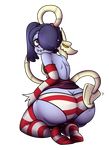  1girl ass blue_hair blue_skin butt_crack cerealharem feet huge_ass leviathan_(skullgirls) looking_back panties red_eyes simple_background skullgirls smile squigly_(skullgirls) stitched_mouth striped_panties underwear zombie 