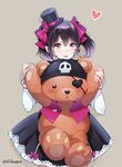  :p bandana black_hair blush bow cowboy_shot eyepatch grey_background hair_bow hat heart love_live! love_live!_school_idol_project pink_eyes signature solo stuffed_animal stuffed_toy teddy_bear tida_kietsungden tongue tongue_out twintails twitter_username yazawa_nico 