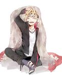  blonde_hair closed_eyes forehead_protector highres jacket jewelry male_focus naruto naruto_(series) necklace sandals smile solo uzumaki_boruto yaki_(4491487) 