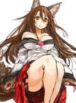  animal_ears bare_shoulders breasts brooch brown_eyes brown_hair dress fingernails frown imaizumi_kagerou jewelry large_breasts long_fingernails long_hair long_sleeves nail_polish off_shoulder red_nails sachito sharp_fingernails simple_background sitting slit_pupils solo tail thick_thighs thighs touhou white_background wolf_ears wolf_tail 