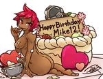  1girl ass barefoot birthday_cake blush bowl breasts cacodemon cake commentary dark_skin doom_(game) doomguy english finger_licking food food_on_body food_on_face happy_birthday hdoom heart helmet imp_(doom) kurashiki_nanka large_breasts licking monster_girl naughty_face nipples nude personification red_eyes red_hair shoulder_spikes simple_background sitting smile space_marine spikes tongue 