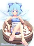  alternate_costume blue_eyes blue_hair blush bow bucket cirno crossed_legs dress flip-flops full_body gradient gradient_background hair_bow hair_ornament hair_ribbon highres ice ice_wings in_bucket in_container koutetu_bouya looking_at_viewer partially_submerged ribbon sandals shirt short_hair sitting skirt sleeveless smile solo sweat touhou twitter_username water wings 
