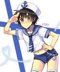  1boy big_hero_6 blush disney embarrassed hiro_hamada hiyaa marvel sailor sailor_collar sailor_dress sailor_hat salute simple_background solo striped_background 