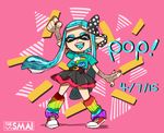  artist_name bad_id bad_tumblr_id blue_hair bow dated fangs fingerless_gloves fist_pump gloves hair_bow inkling leg_warmers nail_polish pink_background pointy_ears sami_briggs shoes skirt sneakers splatoon_(series) splatoon_1 tentacle_hair tentacles 