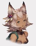  animal_ears aqua_eyes bare_shoulders breasts cat_ears cleavage collarbone dark_skin duplicate erune fang feathers flower granblue_fantasy head_wreath junwool melleau short_hair silver_hair simple_background small_breasts solo upper_body 