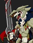  anthro armor blood blue_fur cape clothing fur looking_at_viewer luismcderp_(artist) melee_weapon nightmare_fuel rain_silves scar sergal sword teeth tongue weapon white_fur yellow_eyes 