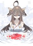  ahoge bare_shoulders blue_eyes breasts brown_hair cleavage detached_sleeves double_bun headgear highres kantai_collection kongou_(kantai_collection) large_breasts long_hair nontraditional_miko partially_submerged smile solo tansuke upper_body 