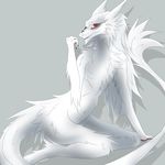  2013 anthro black_fur claws female fluffy fur grey_background hair kanex kneeling long_hair markings nude ophelia pointy_ears red_eyes sergal simple_background slit_pupils smile solo text white_fur white_hair 