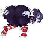  1girl ass ass_grab bent_over blue_hair blue_skin cerealharem detached_sleeves huge_ass looking_back red_eyes simple_background skullgirls smile solo squigly_(skullgirls) stitched_mouth zombie 