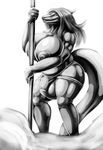  2014 anthro armwear balls big_balls big_breasts big_penis breasts bulge clothed clothing dancing dickgirl dragon hair half-dressed horn huge_breasts humanoid_penis intersex kalnareff kalnareff_(character) legweat long_hair looking_at_viewer monochrome muscles penis pole pole_dancing raised_tail scalie simple_background slit_pupils smile solo thong topless white_background 