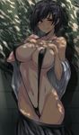  black_hair black_swimsuit blush breast_suppress breasts cleavage covered_nipples dappled_sunlight hair_ornament hairclip highres large_breasts looking_at_viewer navel off_shoulder one-piece_tan original pleated_skirt short_hair skirt skirt_pull slingshot_swimsuit smile solo sunlight swimsuit tan tanline ulrich_(tagaragakuin) 