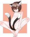  :3 animal_ears brown_eyes brown_hair cat_ears cat_tail chen convenient_censoring earrings flat_chest jewelry looking_away moguri_m multiple_tails nipples nude simple_background solo spread_legs tail tail_censor touhou 