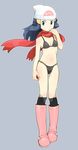  1girl beanie bikini black_bikini black_eyes black_hair boots female full_body hari_(kureon) hat hikari_(pokemon) kneehighs long_hair navel nintendo poke_ball pokeball pokemon scarf simple_background socks solo swimsuit 