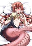  blush breast_slip condom condom_in_mouth fang hair_ornament hairclip highres lamia long_hair lying miia_(monster_musume) monster_girl monster_musume_no_iru_nichijou mouth_hold navel nekoi_hikaru on_back on_bed one_breast_out pillow pointy_ears red_hair scales shirt shirt_lift skirt skirt_lift slit_pupils solo sweat tied_shirt very_long_hair yellow_eyes 