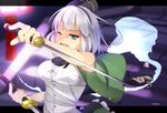  ;d absurdres black_hairband blue_eyes blush breasts dual_wielding fang hairband highres hitodama holding katana konpaku_youmu konpaku_youmu_(ghost) medium_breasts miton_(turuyasann) one_eye_closed open_mouth short_hair silver_hair smile smug solo sword touhou v-shaped_eyebrows wakizashi weapon 