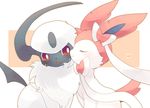  absol ambiguous_gender blush duo eeveelution eyes_closed feral fur horn kissing nintendo open_mouth pok&eacute;mon red_eyes siho_(pixiv) smile sweat sylveon teeth video_games white_fur 