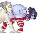  1boy 1girl anilingus anus ass ass_grab bent_over blue_hair blue_skin blush cerealharem detached_sleeves huge_ass looking_back pussy red_eyes simple_background skullgirls smile squigly_(skullgirls) stitched_mouth zombie 