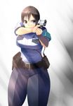  antennae armband bad_anatomy black_eyes black_hair breasts commentary_request finger_on_trigger glasses gun handgun onibi_(foxhound4185) original pants pistol plump police police_uniform policewoman radio_antenna short_hair short_sleeves solo uniform weapon 