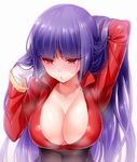  adjusting_hair blush breasts cleavage gloves hizuki_akira large_breasts long_hair natsume_(pokemon) pokemon pokemon_(game) purple_hair red_eyes revision simple_background solo sweat upper_body white_background 