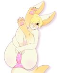  &lt;3 2015 bat big_ears blonde_hair blush bulge canine claws clothing ear_piercing fox fur hair hindpaw hybrid looking_at_viewer lying male mammal on_back panties pastelletta pawpads paws piercing pink_pawpads presenting short_hair simple_background smile solo thick_thighs underwear white_background yellow_eyes yellow_fur 