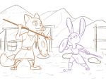  anthro barefoot belt canid canine clothed clothing detailed_background disney duo female fox holding_object holding_weapon judy_hopps lagomorph male mammal melee_weapon nick_wilde polearm rabbit shield shin_guards spear standing tggeko weapon zootopia 