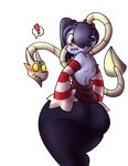  ! 1girl ass blue_hair blue_skin blush cerealharem huge_ass leviathan_(skullgirls) red_eyes simple_background skullgirls speech_bubble squigly_(skullgirls) stitched_mouth wide_hips zombie 