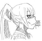  :&gt;= blush character_request cum cum_in_mouth earrings fellatio jewelry monochrome oral parumezan pointy_ears ponytail uncensored 