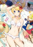  2015 6u_(eternal_land) arm_up ayase_eli bangs bare_arms beach_towel bendy_straw bikini blonde_hair blue_eyes blush book bookmark bottle breasts cherry cleavage cocktail cup digital_media_player doily drink drinking_glass drinking_straw earbuds earphones earphones_removed eyewear_removed flower food frilled_bikini frills front-tie_bikini front-tie_top fruit hair_flower hair_ornament hair_ribbon hand_on_head hand_on_own_thigh hat hat_flower hat_removed hat_ribbon headwear_removed hibiscus innertube ipod long_hair looking_at_viewer lotion_bottle love_live! love_live!_school_idol_project lying medium_breasts navel on_back orange orange_slice pennant petals photo_(object) ponytail radio ribbon russian_flag sandals_removed seashell shade shell side-tie_bikini smile solo starfish straw_hat string_of_flags sunglasses sunlight swept_bangs swimsuit towel white_bikini white_ribbon wrist_cuffs 